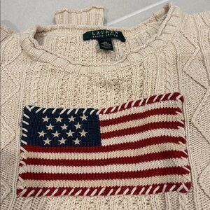 Vintage Rare Lauren Ralph Lauren Women's Cream Aran Knit Sweater American Flag M